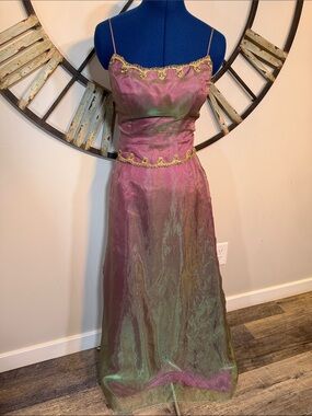 Dave & Johnny Pink-Green Iridescent Spaghetti Back Cross Strap Evening Dress